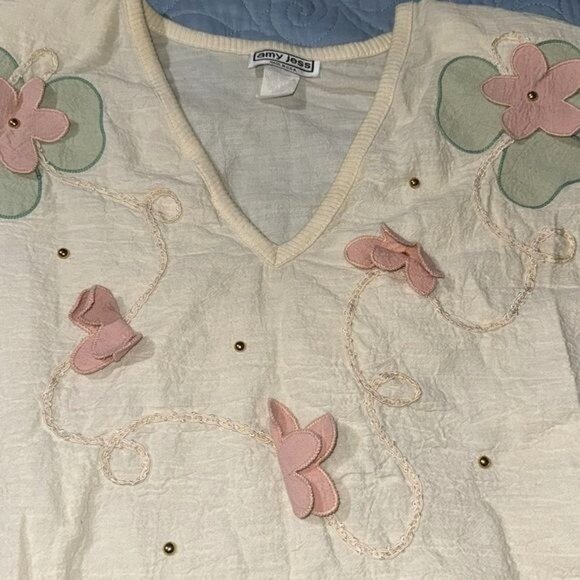Amy Jess Womens Large Cream Floral Applique V-Neck Pullover Top With 3/4 Sleeves - Picture 3 of 10